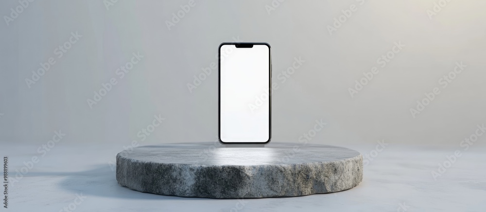 Poster 3d rendering of a mobile phone with a white screen positioned on a circular stone pedestal lying fla