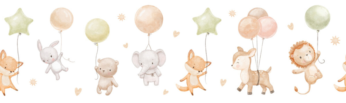 Fototapeta Seamless watercolor border with cute baby fox, elephant and bunny in neutral colors. Funny animals are flying with balloons in clouds. Hand drawn illustrations