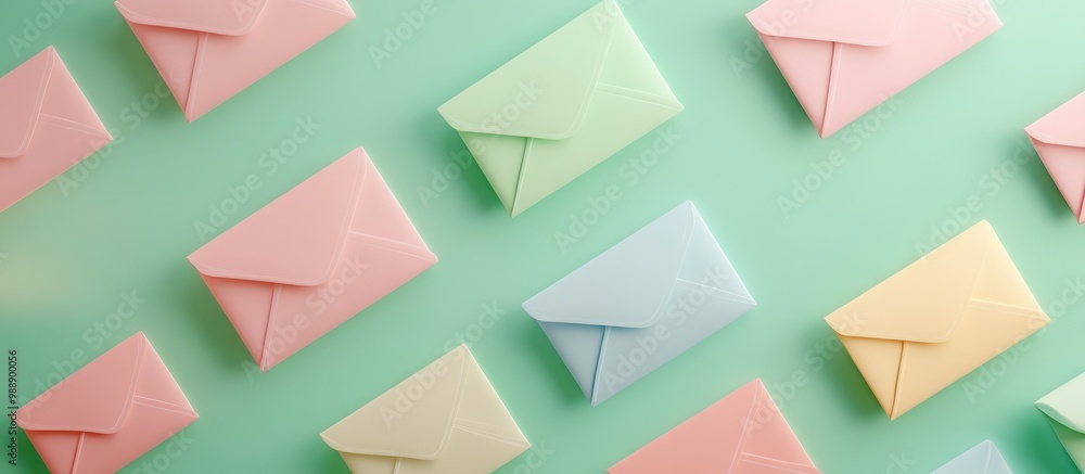 Poster three dimensional render featuring rows of pastel colored envelopes arranged flat on a green backdro