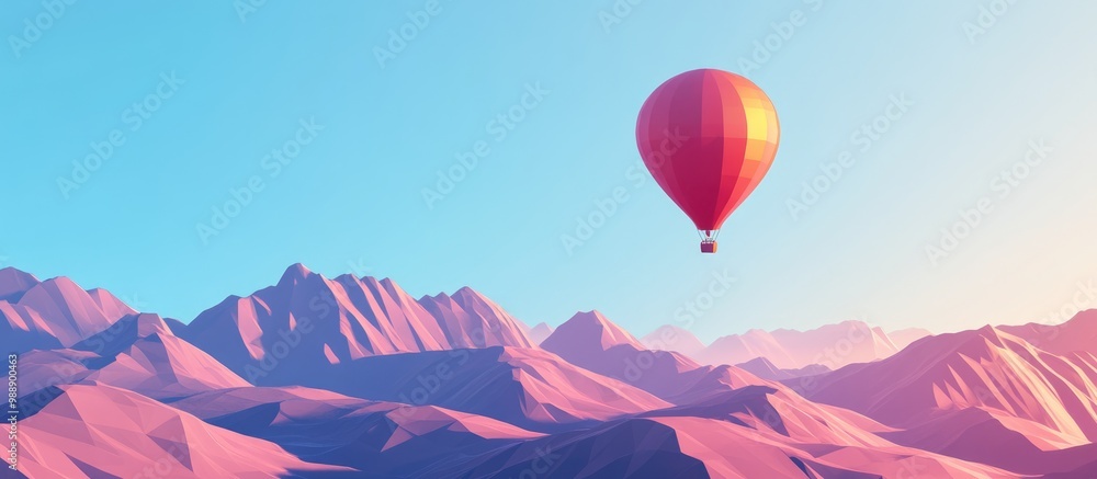 Poster 3d balloon floating above mountains in a low polygon geometric design showcasing minimal style art w