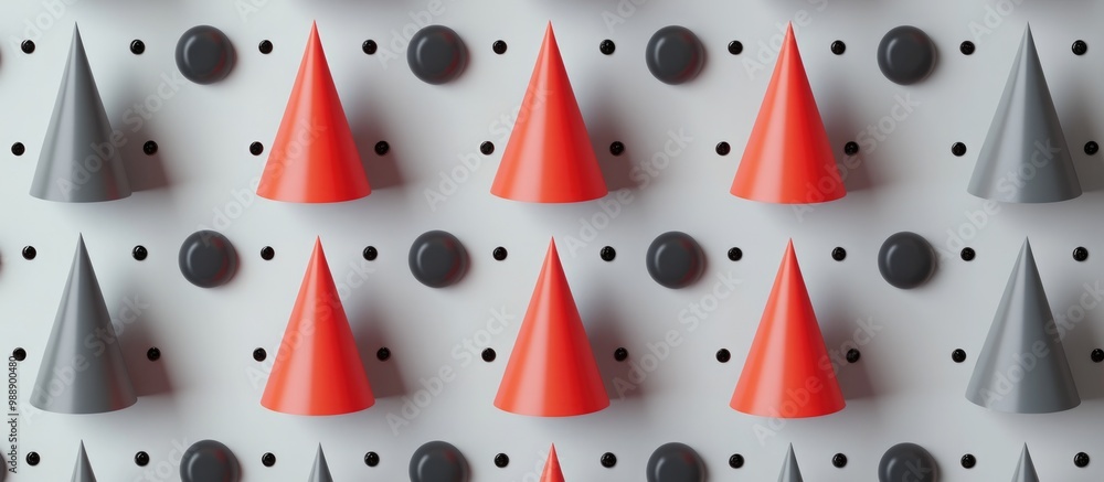 Poster 3d render featuring red and gray cones arranged on a polka dot pattern