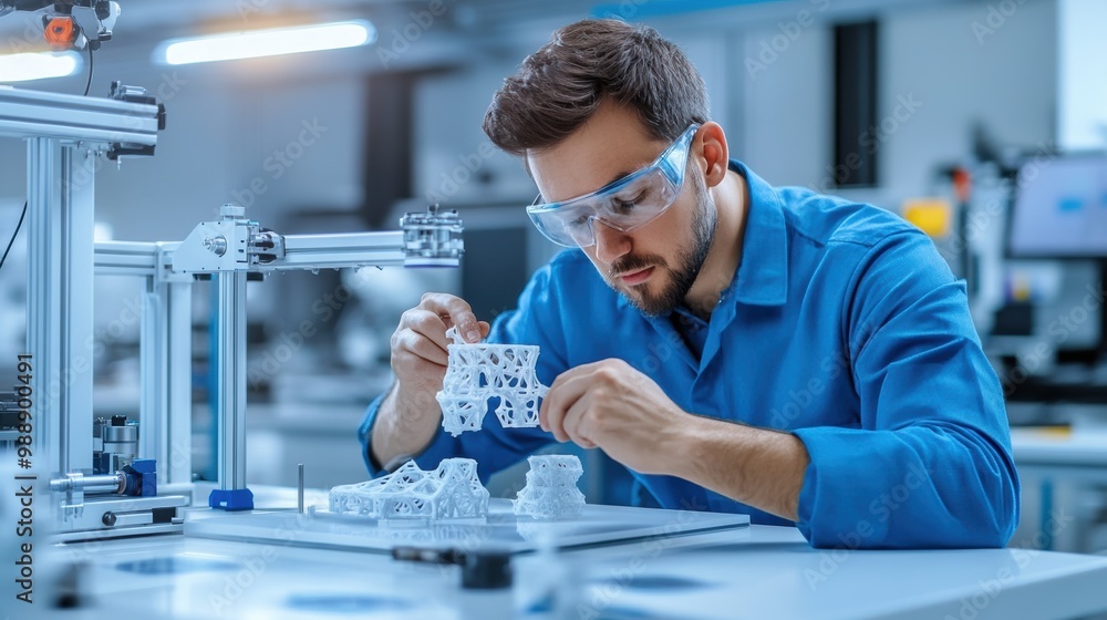Poster engineer analyzing 3d printed model in laboratory setting