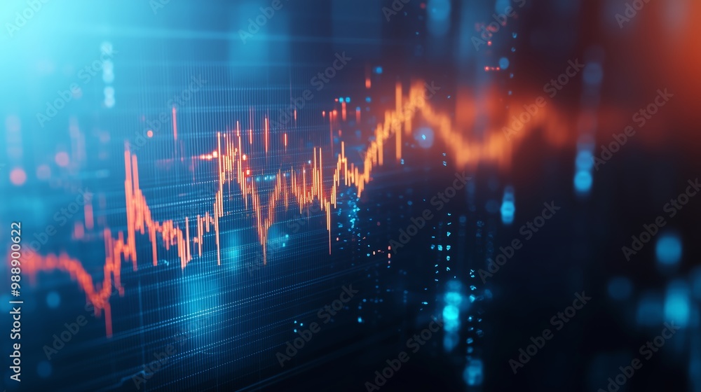 Poster dynamic financial market data visualization displaying stock price trends with colorful graphs and a