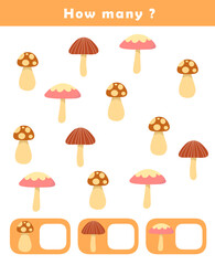 How many counting game with cute mushroom illustration. Counting educational children game. Math kids activity sheet.