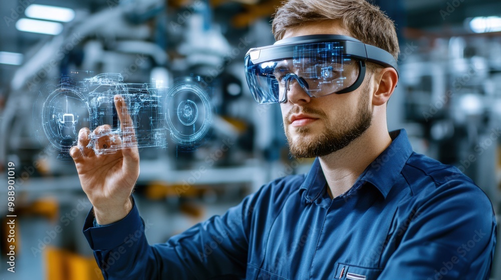 Aufkleber man using augmented reality glasses in factory setting