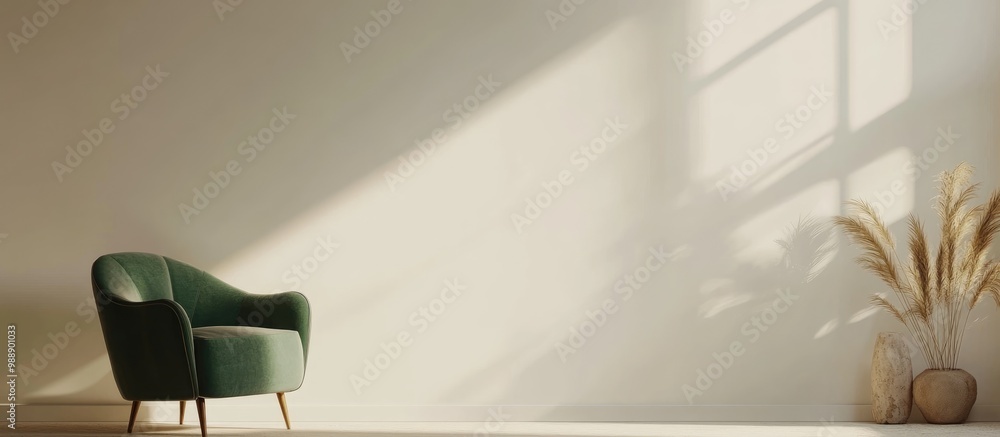 Poster minimalist mock up featuring a white wall in warm tones complemented by a green armchair and decorat
