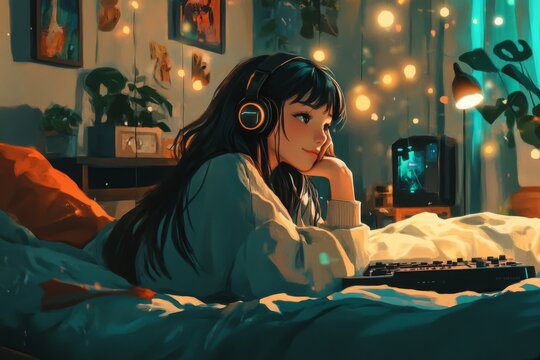 Anime girl in her room listening to music with headphones on her bed. Lo Fi scene