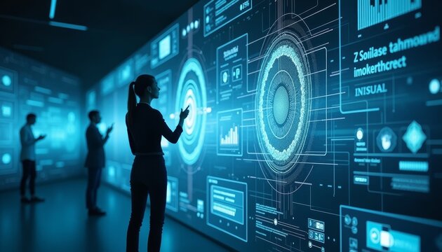 Visitors engage with innovative data displays in a contemporary exhibition environment