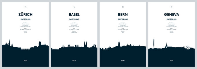 Travel vector set with city skylines Zürich, Basel, Bern, Geneva detailed city skylines minimalistic graphic artwork © max_776