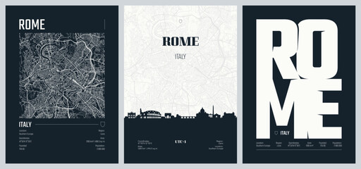Obraz na płótnie Canvas Set of travel posters with Rome, detailed urban street plan city map, Silhouette city skyline, vector artwork, set 2