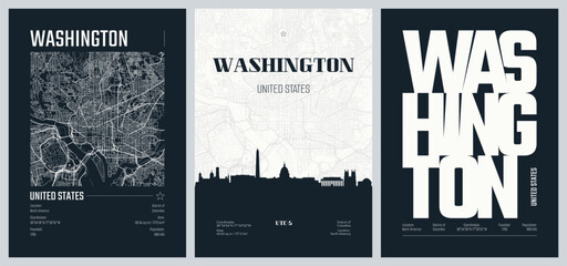 Fototapeta premium Set of travel posters with Washington, detailed urban street plan city map, Silhouette city skyline, vector artwork, set 2