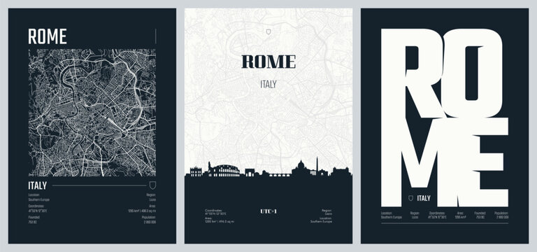 Set of travel posters with Rome, detailed urban street plan city map, Silhouette city skyline, vector artwork, set 2