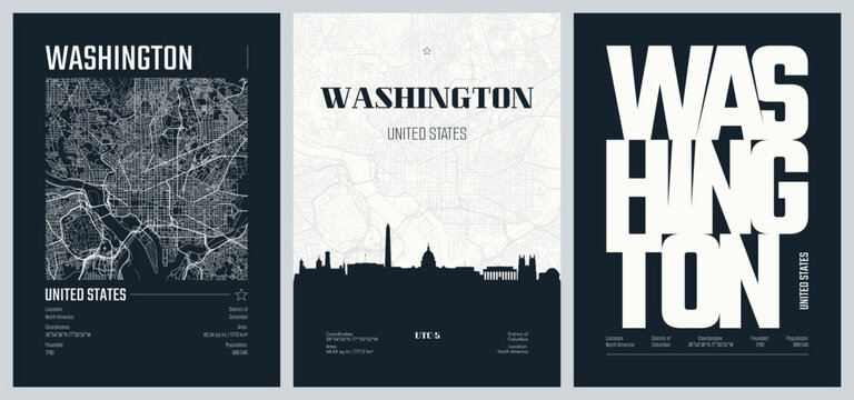 Set of travel posters with Washington, detailed urban street plan city map, Silhouette city skyline, vector artwork, set 2