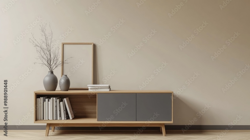 Poster front view of a grey and wooden cabinet displaying books and a vase set in a modern room with neutra