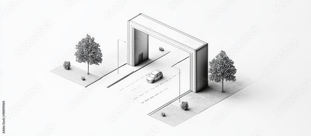 Poster an isometric 3d illustration depicting the entrance outline of a large structure created with black 