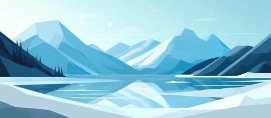Winter landscape illustration featuring a frozen mountain lake depicted with geometric shapes in a flat design style