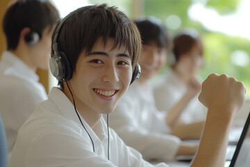 Wide shot of a young Japanese call center worker smiling at the camera while sitting in front of his laptop with headphones on.
