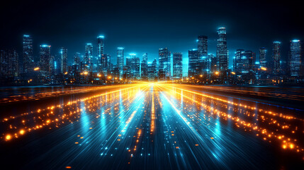 Stunning city skyline at night with bright lights reflecting on the water, creating a vibrant atmosphere and modern urban aesthetic.