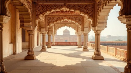 Stunning ancient Indian palace, romantic wind flowing through the halls, showcasing its architectural beauty and historical grandeur
