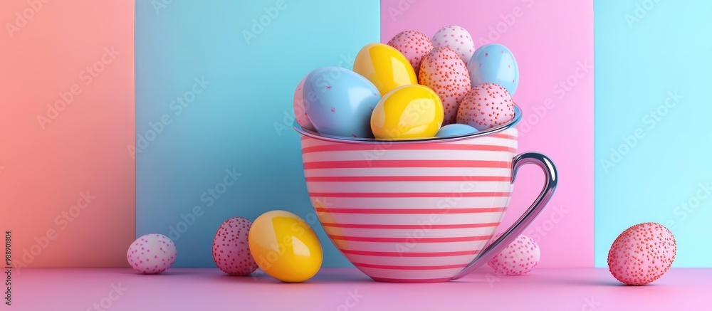 Poster 3d render of a cup filled with sweets and eggs presented in a flat lay style with a four color backg