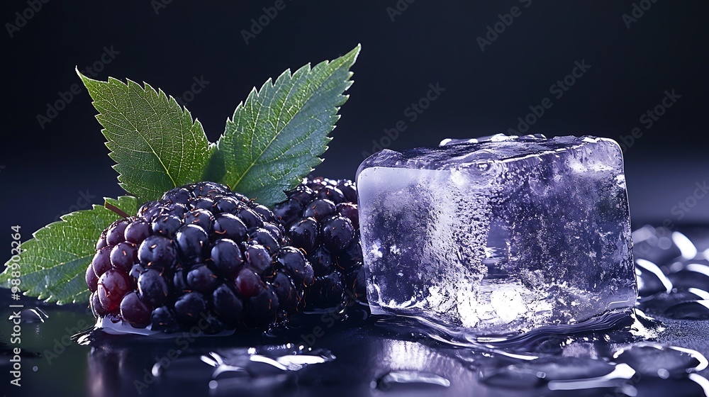 Poster two blackberries and an ice cube on a wet surface with a blurred background.