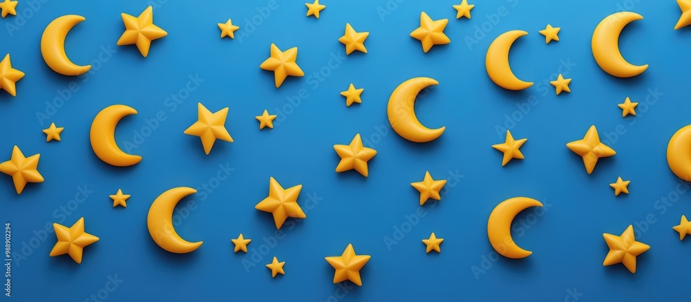 Poster three dimensional rendering of yellow stars and crescent moons arranged in rows on a blue backdrop