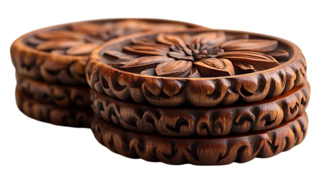 A set of intricately carved wooden coasters stacked elegantly, showcasing detailed floral patterns and swirling motifs