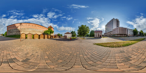 hdri 360 panorama near huge neo-gothic castle, defensive fortification and residence in full seamless spherical equirectangular projection with zenith ready for  VR virtual reality content