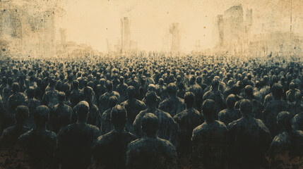 Obraz premium A massive crowd gathers in decaying city, evoking sense of desolation