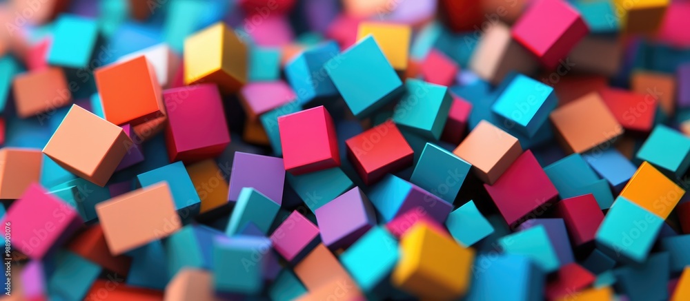 Poster colorful square shapes scattered on a surface featuring a 3d rendered computer generated background