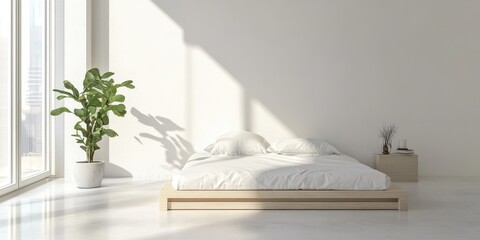 Serene Minimalist White Room with Futon Bed and Polished Concrete Floors 