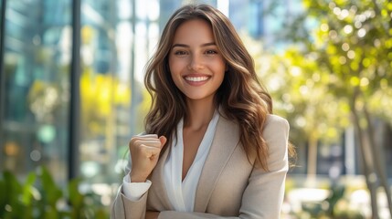 Fototapeta premium Confident Business Woman Smiling in Modern Office Setting