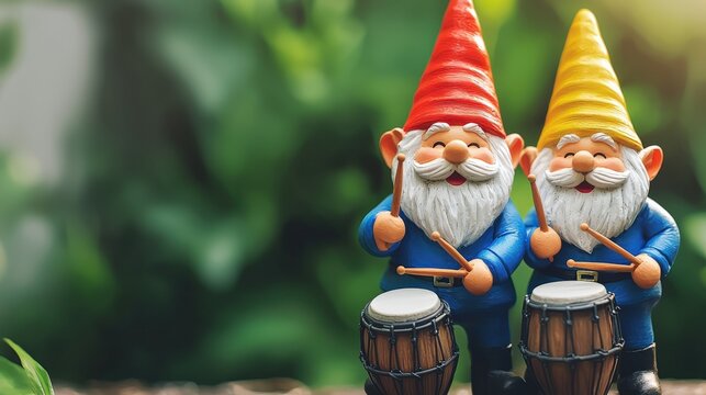 Two cheerful garden gnomes in bright hats playing drums amidst lush greenery.