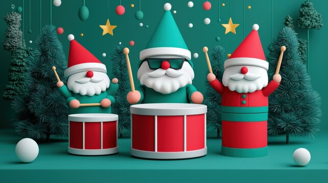 Three festive, playful Santa figurines drumming joyfully, set against a teal backdrop with Christmas elements like stars and trees, creating a cheerful holiday atmosphere.