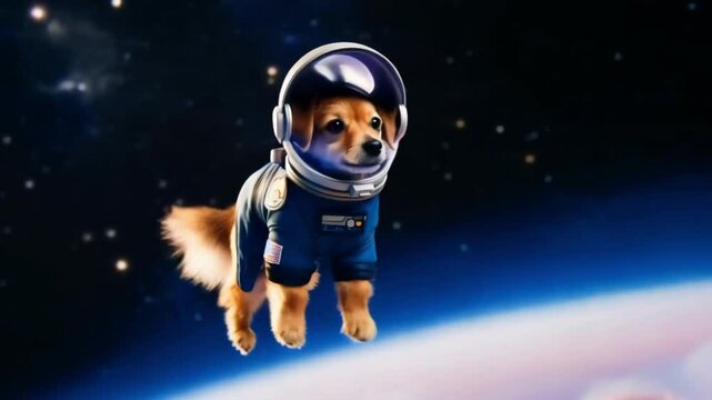 Adorable space dog wearing an astronaut suit floating in zero gravity. A charming video featuring a cute dog dressed as an astronaut, playfully floating through space. generative AI