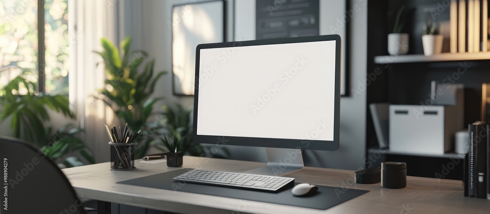 Poster 3d illustration of a computer placed on a desk in a professional workspace