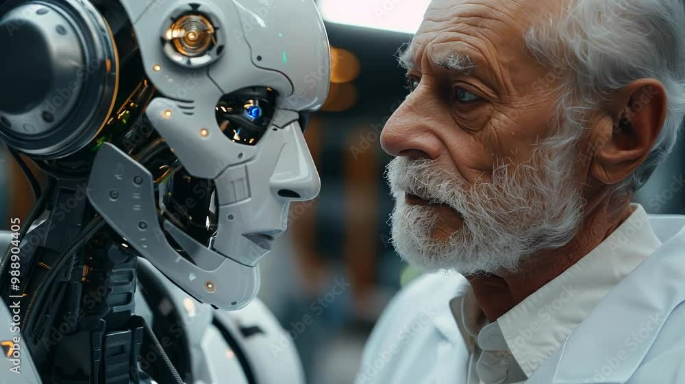 Poster elderly scientist interacting with advanced humanoid robot in laboratory setting.