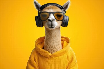 A stylish llama wearing headphones and sunglasses, exuding a cool vibe against a bright yellow background.