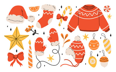 Winter warm clothes and elements. Cozy red hats. Headwear and winter accessories, stock, mittens, sweater, star, christmas toys and candy cane. Flat cartoon vector isolated icons set