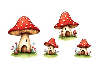 Fototapeta premium Set of watercolor cute red mushrooms such as fly agaric, porcini and chanterelle isolated on white background. Perfect for cards, invitations and posters 