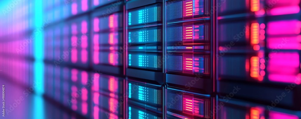 Poster abstract digital background with glowing neon lights and data storage elements.