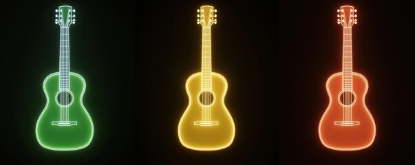A vibrant display of three illuminated guitars in green, yellow, and orange against a dark background.