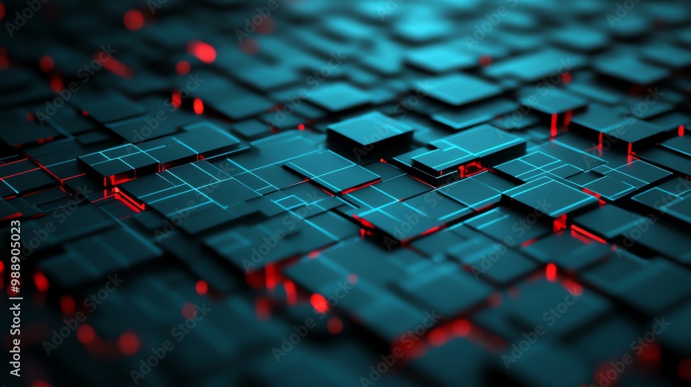 Poster abstract geometric patterns with red and blue lighting effects, digital design background.