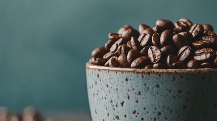 A speckled ceramic cup brimming with roasted coffee beans, placed against a soft teal background, highlighting the rustic and earthy aesthetic.