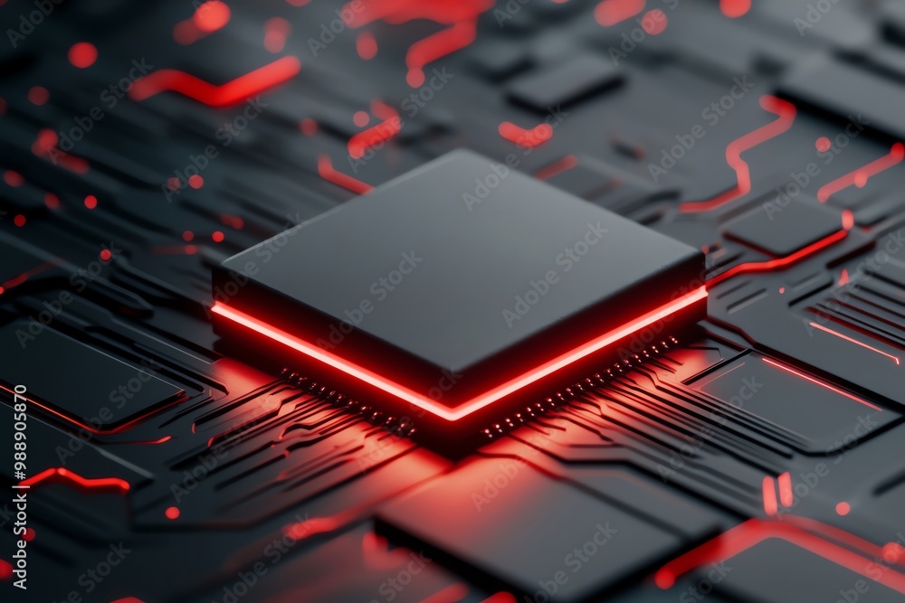 Poster close-up of a modern microchip on a circuit board with glowing red accents.