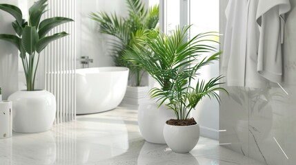 Fototapeta premium An elegant, well-lit bathroom featuring a freestanding bathtub among lush green plants and white decor