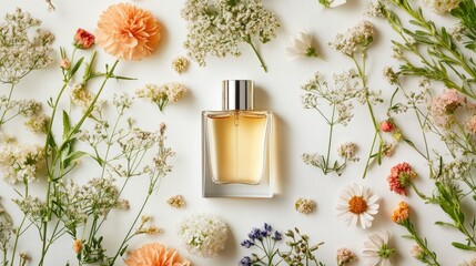 Top view of a perfume bottle surrounded by fragrant fougere flowers, laid out on a minimalist white surface, with a soft, natural aroma.