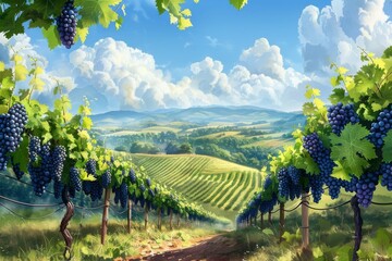 Naklejka premium Vineyard Landscape with Lush Green Hills and Abundant Grapes