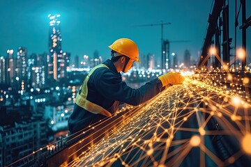 A worker examines a network of lights. This image can be used to illustrate the concept of connectivity or progress in urban environments.