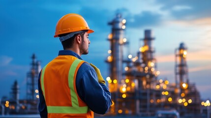 Worker inspecting an LPG gas plant at night, industrial lighting
